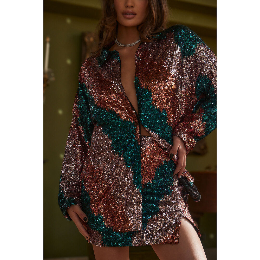 12th Tribe Genevieve Emerald Multi Sequin Button Up Size SS